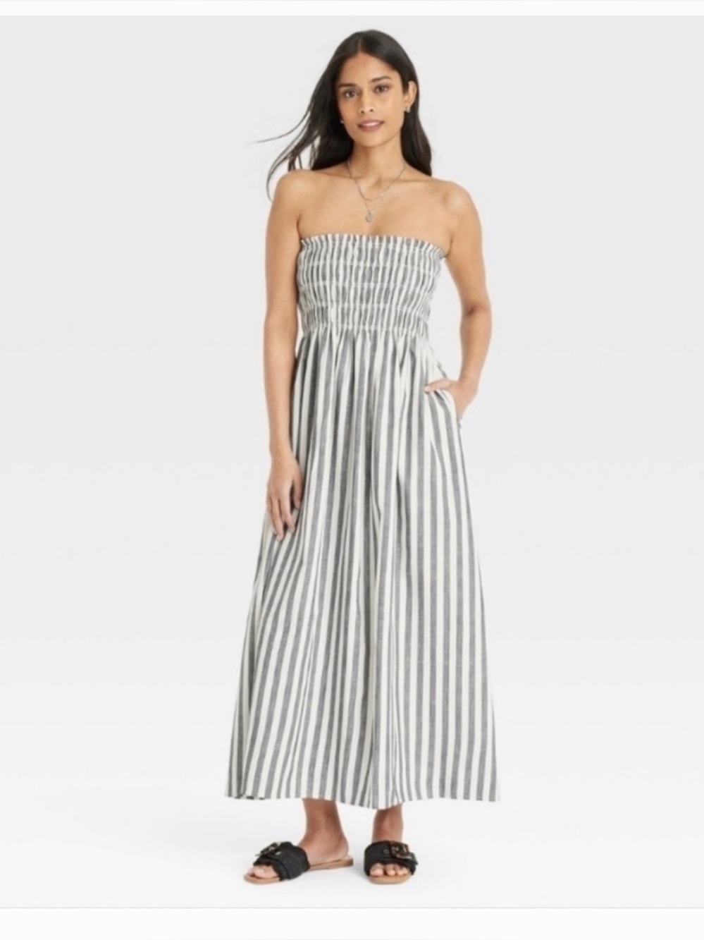 NWOT Universal Thread Smocked Maxi Dress in Gray and White Stripes
